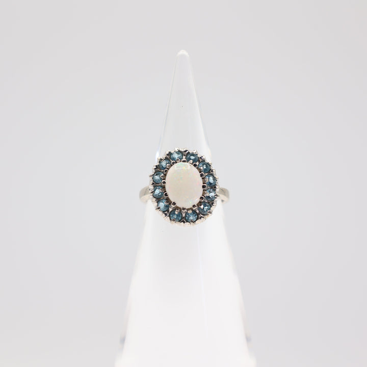 14k White Gold Opal with Topaz Halo Ring - Size 6