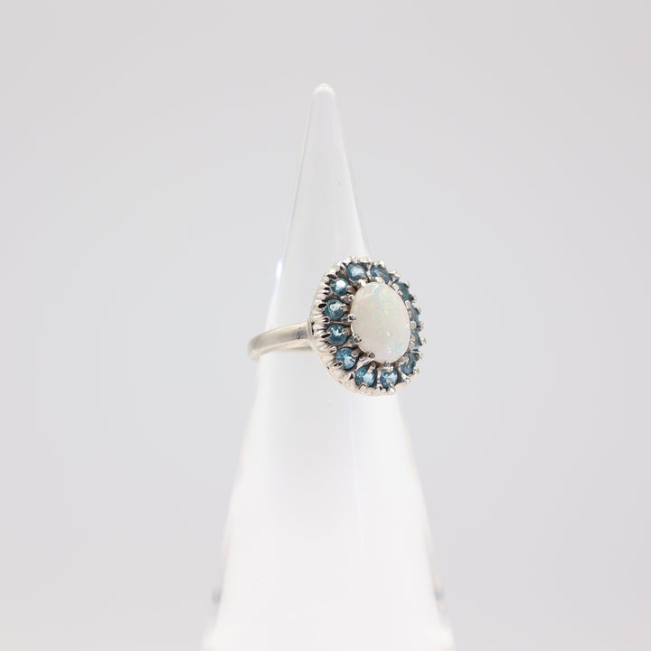 14k White Gold Opal with Topaz Halo Ring - Size 6