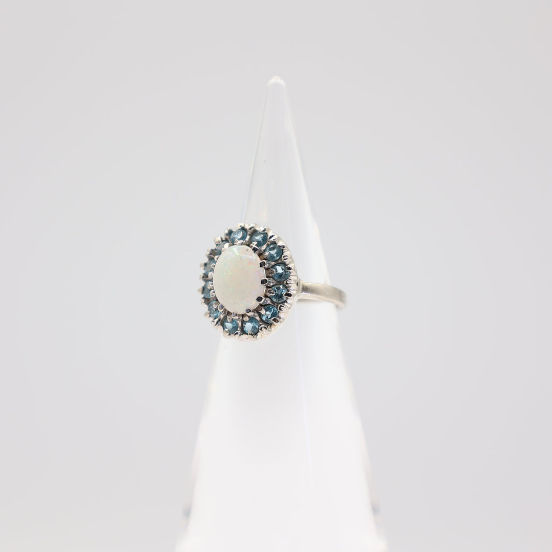 14k White Gold Opal with Topaz Halo Ring - Size 6