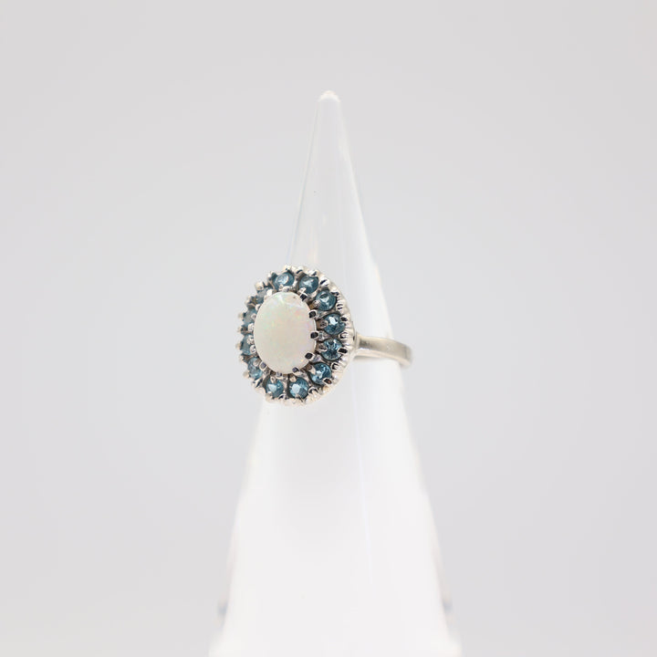 14k White Gold Opal with Topaz Halo Ring - Size 6