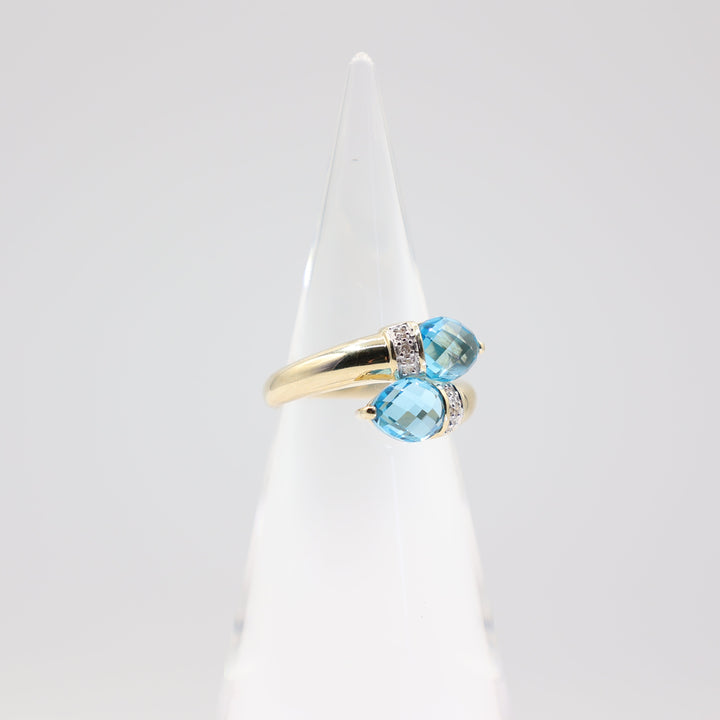 14k Yellow Gold 2.5 TCW Blue Topaz Wrap-Around with Diamonds Ring Size 9 6.8mm x 8.4mm
