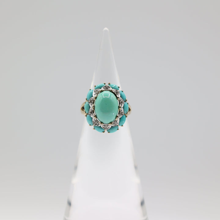 Levian 14K Yellow Turquoise Cluster Diamond Halo Ring 8.25