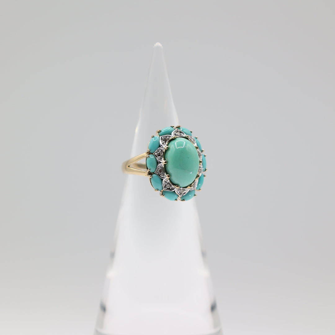 Levian 14K Yellow Turquoise Cluster Diamond Halo Ring 8.25