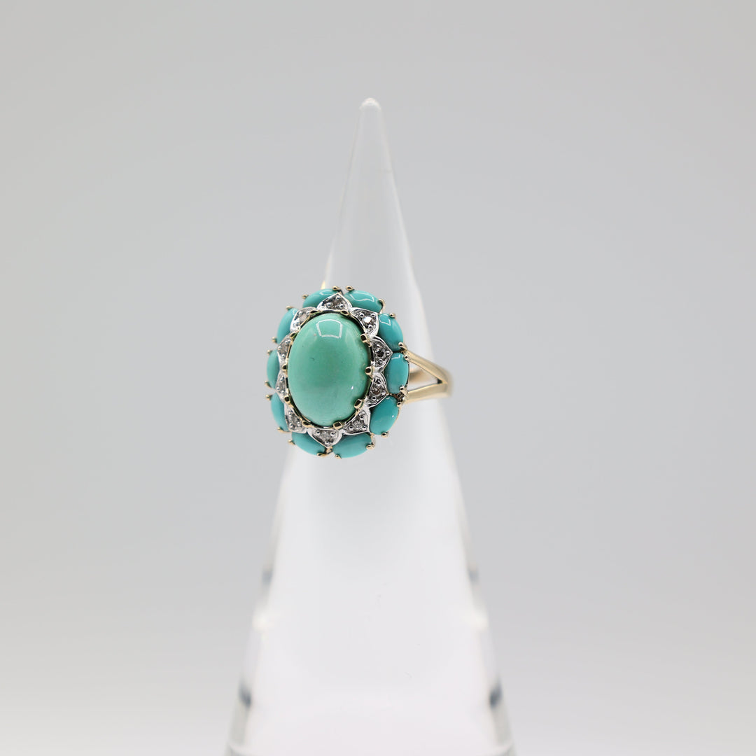 Levian 14K Yellow Turquoise Cluster Diamond Halo Ring 8.25