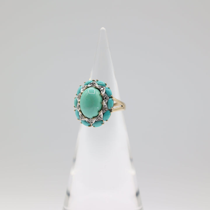 Levian 14K Yellow Turquoise Cluster Diamond Halo Ring 8.25