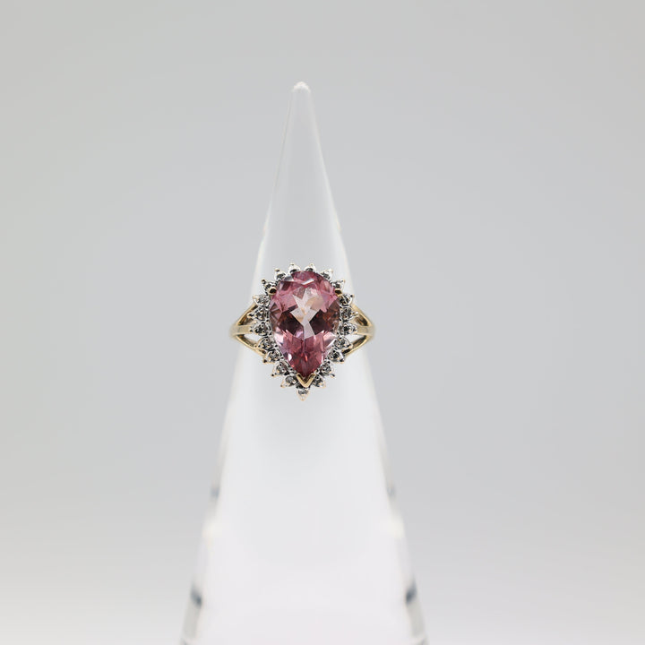 14K Yellow Gold Pear Pink Sapphire Diamond Halo Ring 8.25