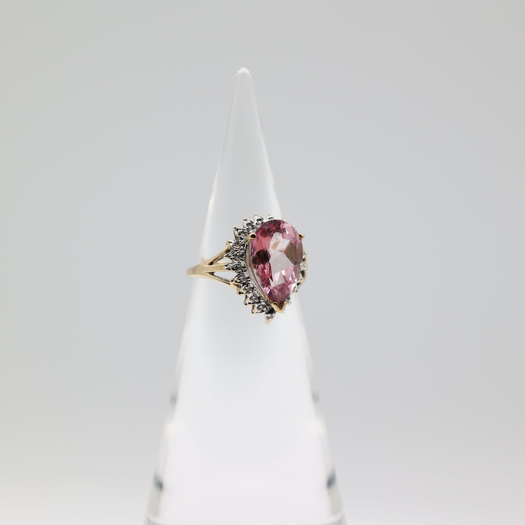 14K Yellow Gold Pear Pink Sapphire Diamond Halo Ring 8.25