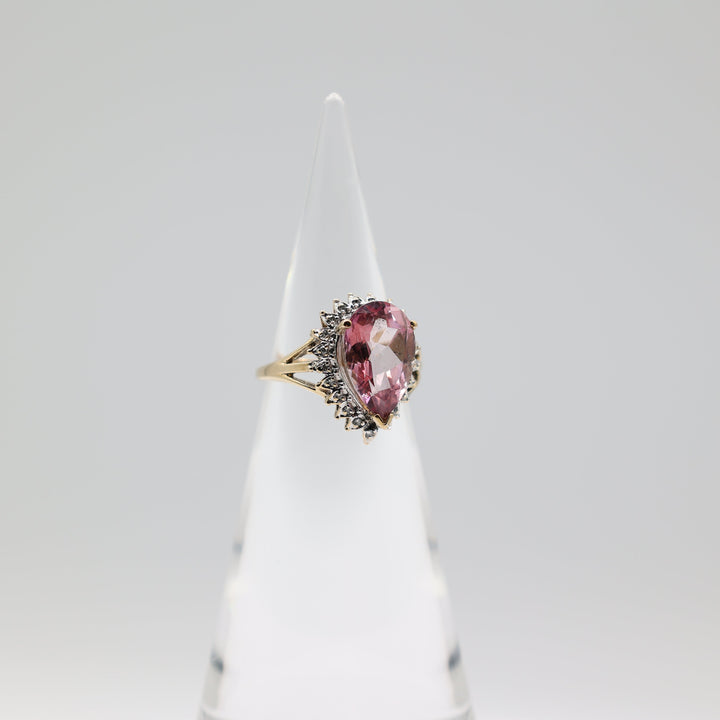 14K Yellow Gold Pear Pink Sapphire Diamond Halo Ring 8.25