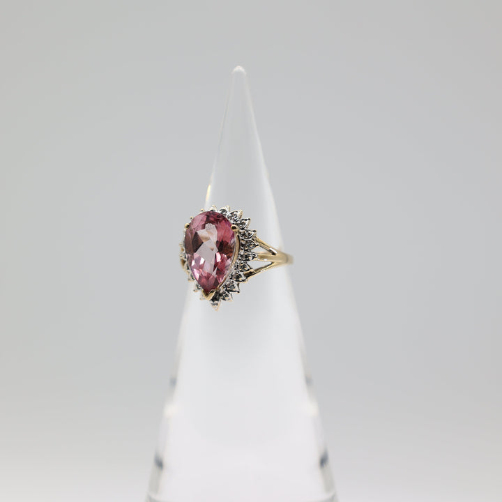 14K Yellow Gold Pear Pink Sapphire Diamond Halo Ring 8.25