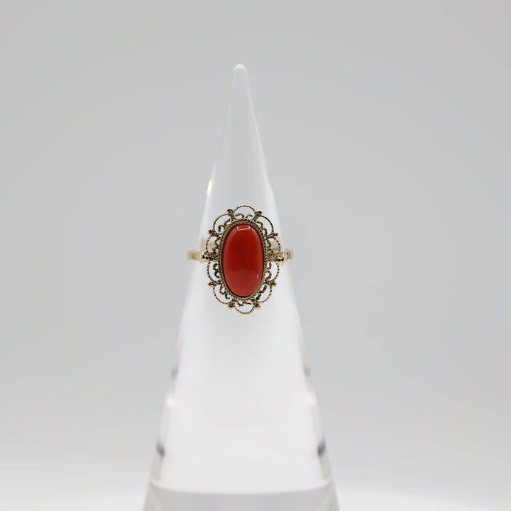 14K Yellow Gold Coral Filigree Ring 14x8mm Size 8.75
