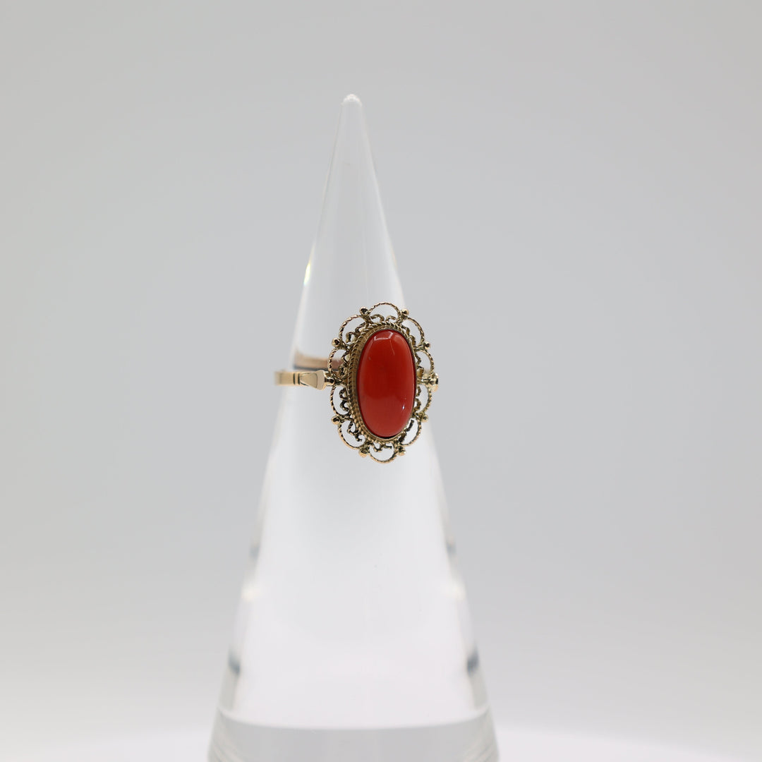 14K Yellow Gold Coral Filigree Ring 14x8mm Size 8.75