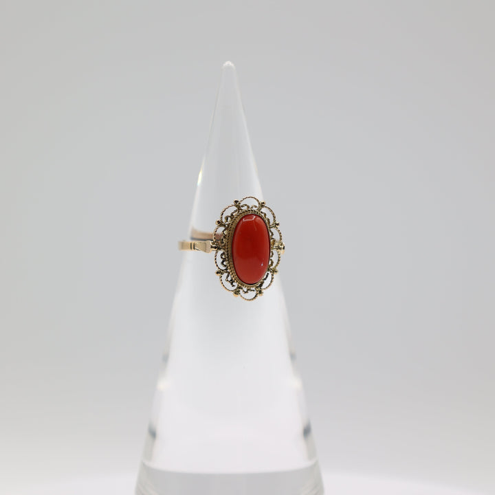 14K Yellow Gold Coral Filigree Ring 14x8mm Size 8.75