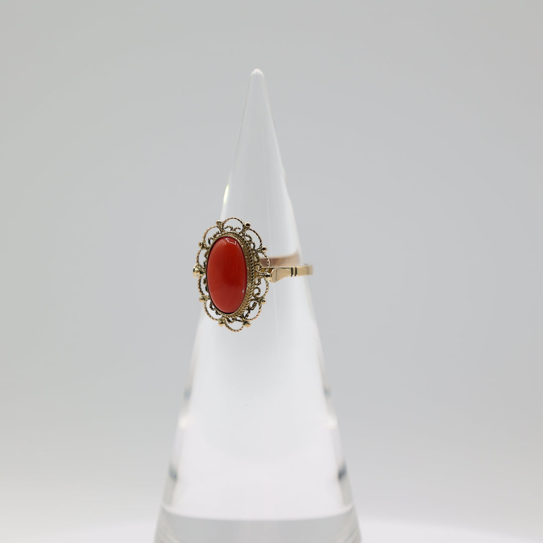 14K Yellow Gold Coral Filigree Ring 14x8mm Size 8.75