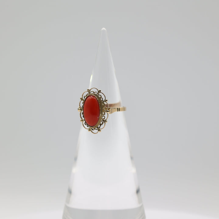 14K Yellow Gold Coral Filigree Ring 14x8mm Size 8.75