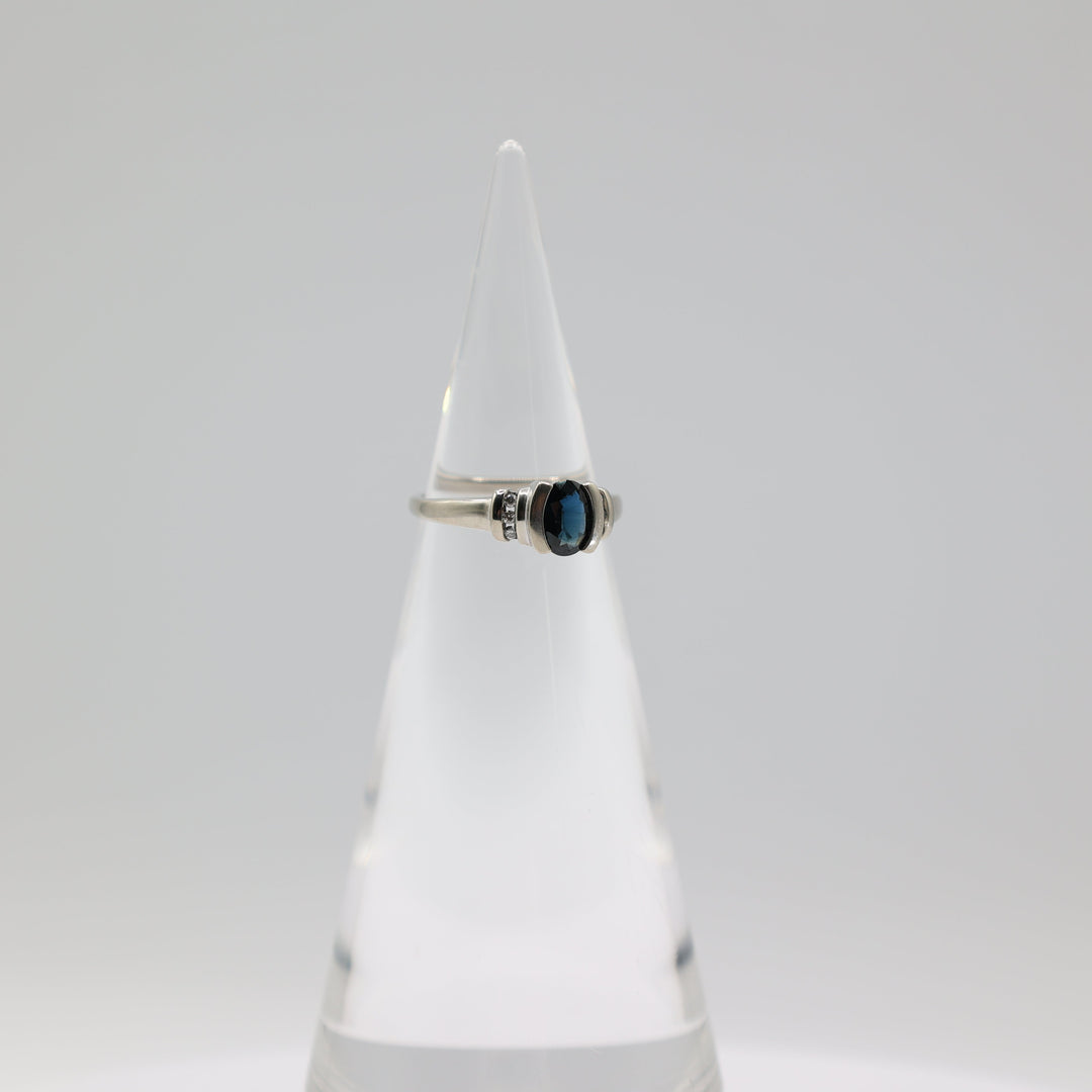 10K White Gold Deep Blue Topaz Diamond Accents Ring 6.75