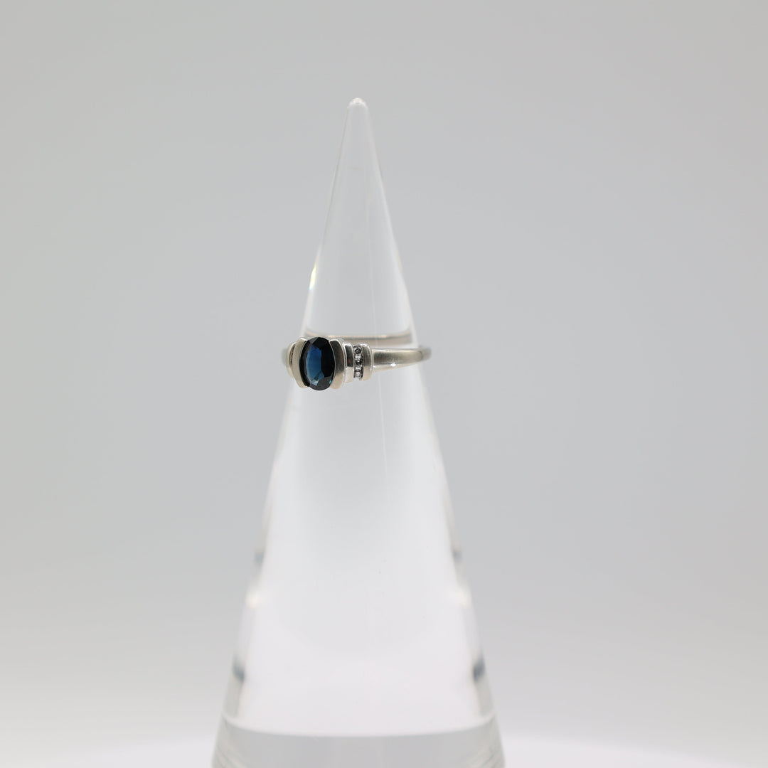 10K White Gold Deep Blue Topaz Diamond Accents Ring 6.75