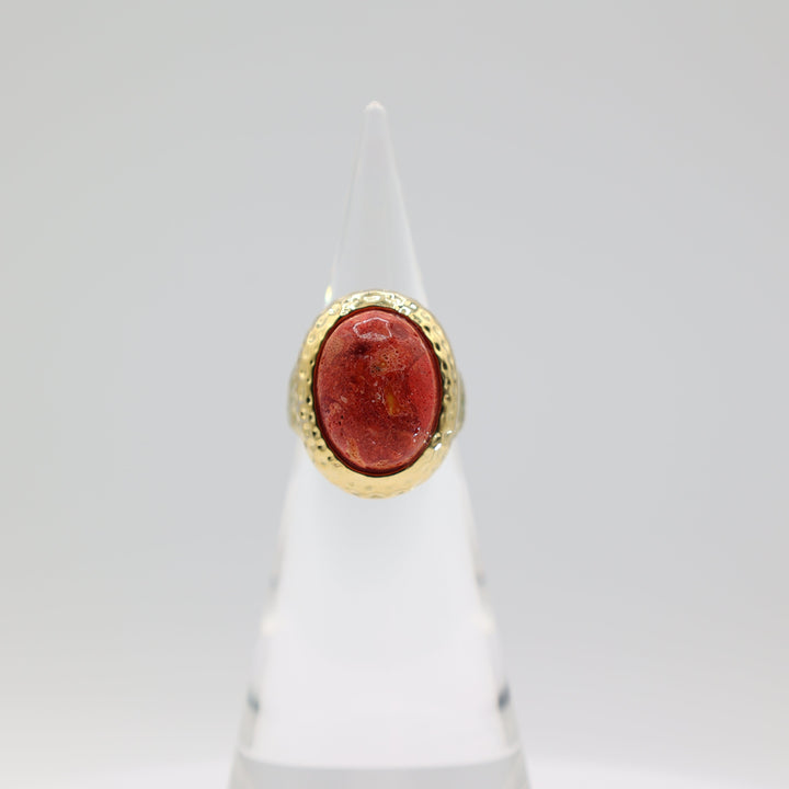 Costume Gold Plated Coral Stone Ring 20x15mm Size 10