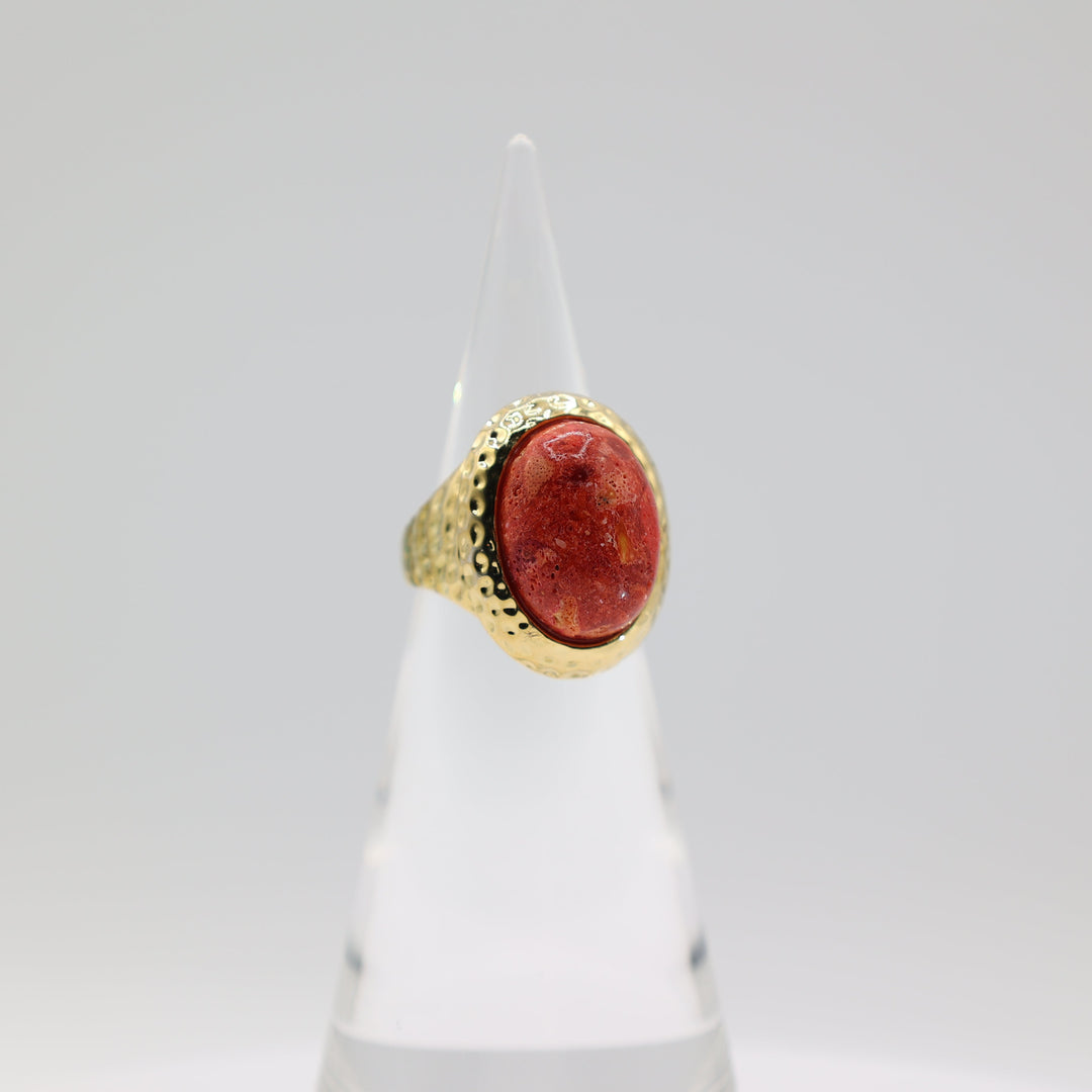 Costume Gold Plated Coral Stone Ring 20x15mm Size 10