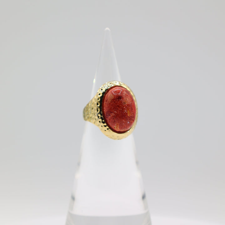 Costume Gold Plated Coral Stone Ring 20x15mm Size 10