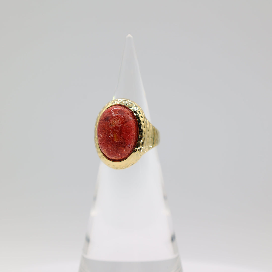 Costume Gold Plated Coral Stone Ring 20x15mm Size 10