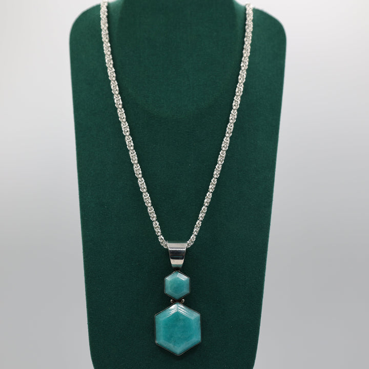 Silver Turquoise Thick Chain Double Hexagon Pendant 19 Inch