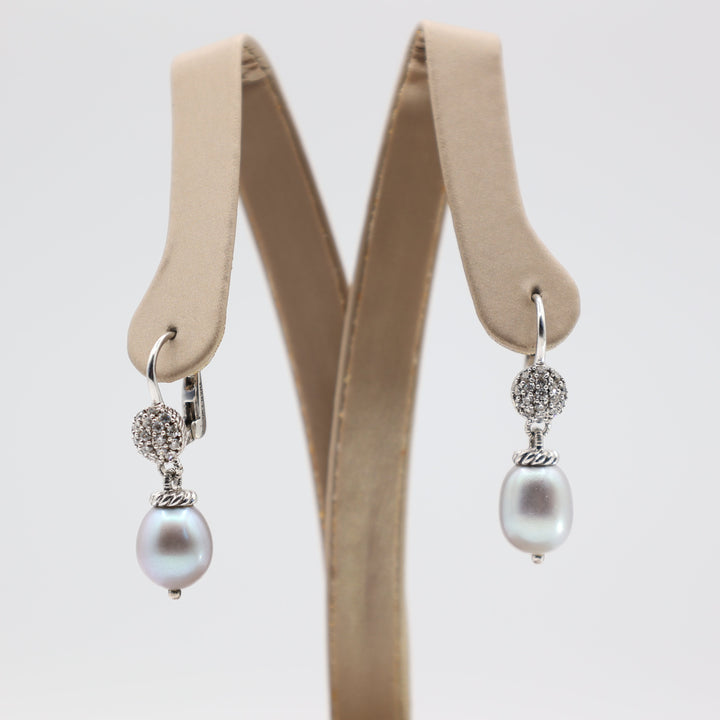 Judith Ripka 925 Sterling Silver Gray Pearl and Diamonique CZ Drop Dangle Earrings