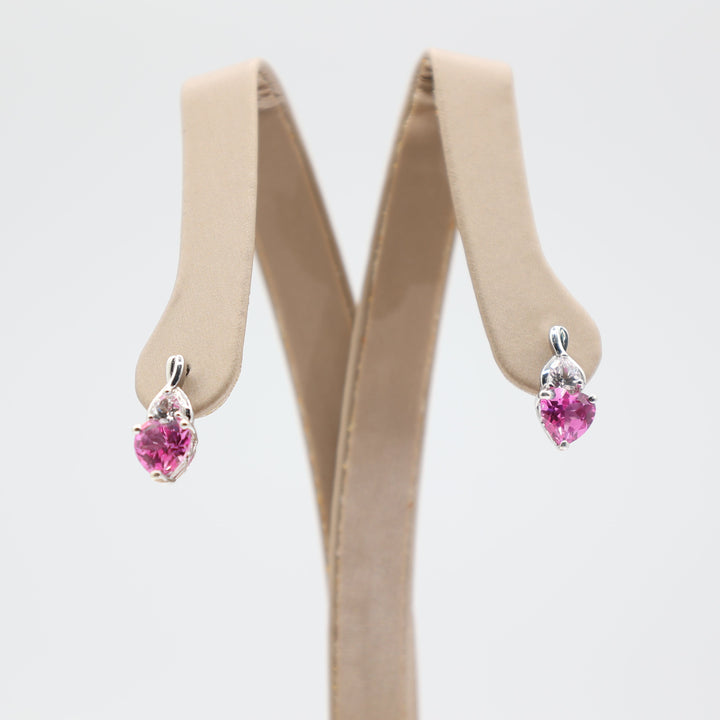 925 Sterling Silver Pink and White Sapphire Heart Earrings