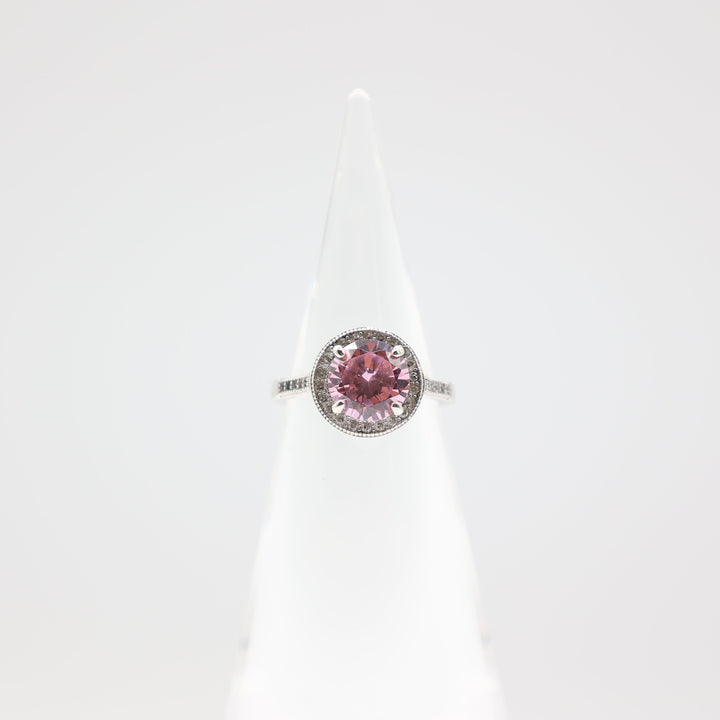 925 Sterling Silver Round Pink Stone with Silver Gems- Size 7
