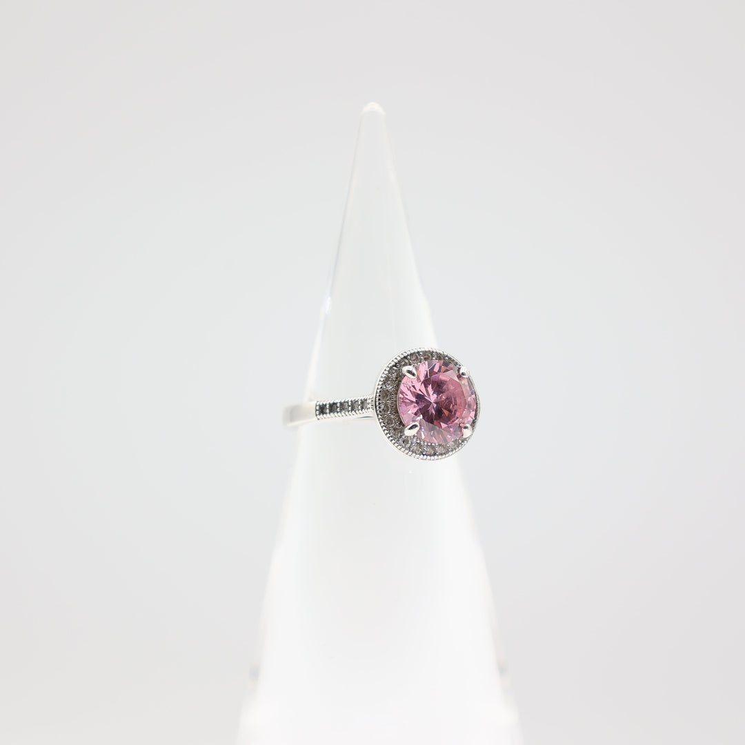 925 Sterling Silver Round Pink Stone with Silver Gems- Size 7