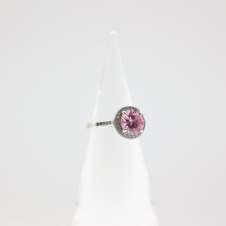 925 Sterling Silver Round Pink Stone with Silver Gems- Size 7