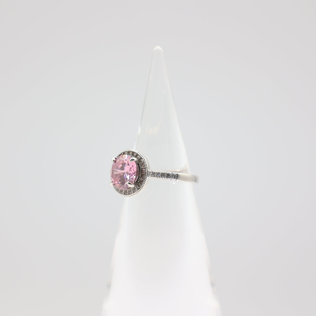 925 Sterling Silver Round Pink Stone with Silver Gems- Size 7