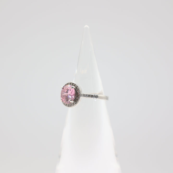 925 Sterling Silver Round Pink Stone with Silver Gems- Size 7