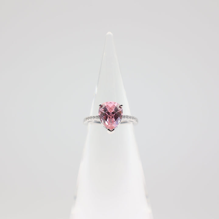 925 Sterling Silver Cubic Zirconia Pink Pear Shaped Stone with Silver Gemstones Ring- Size 7