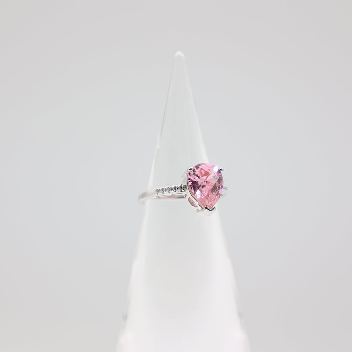 925 Sterling Silver Cubic Zirconia Pink Pear Shaped Stone with Silver Gemstones Ring- Size 7