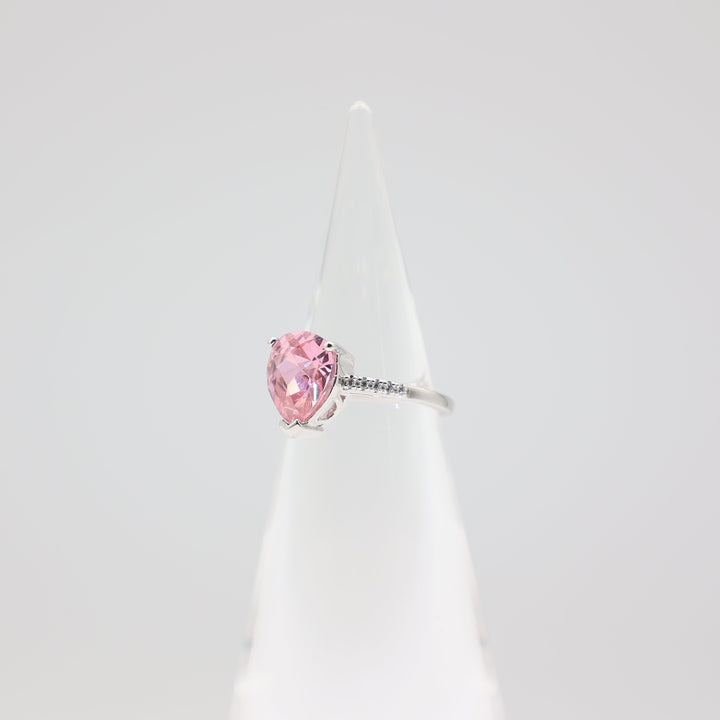 925 Sterling Silver Cubic Zirconia Pink Pear Shaped Stone with Silver Gemstones Ring- Size 7