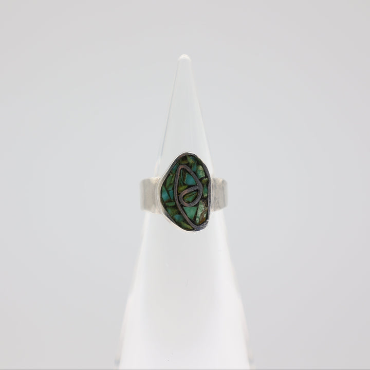 925 Sterling Silver Turquoise Inlay with Hummingbird Design-Size 4.5