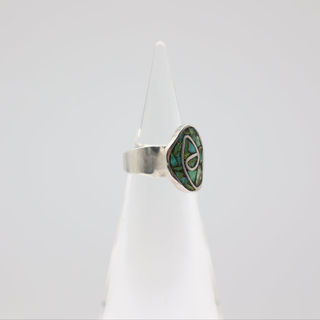 925 Sterling Silver Turquoise Inlay with Hummingbird Design-Size 4.5