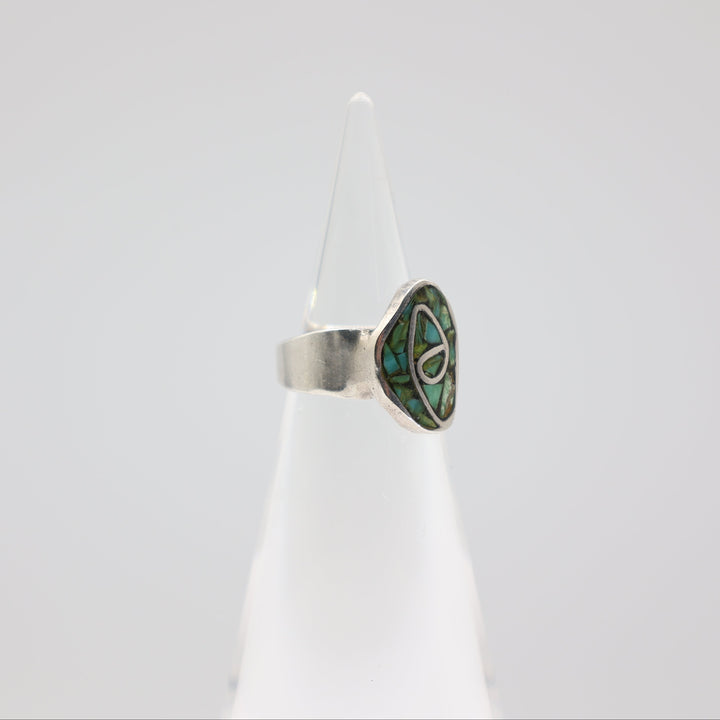925 Sterling Silver Turquoise Inlay with Hummingbird Design-Size 4.5