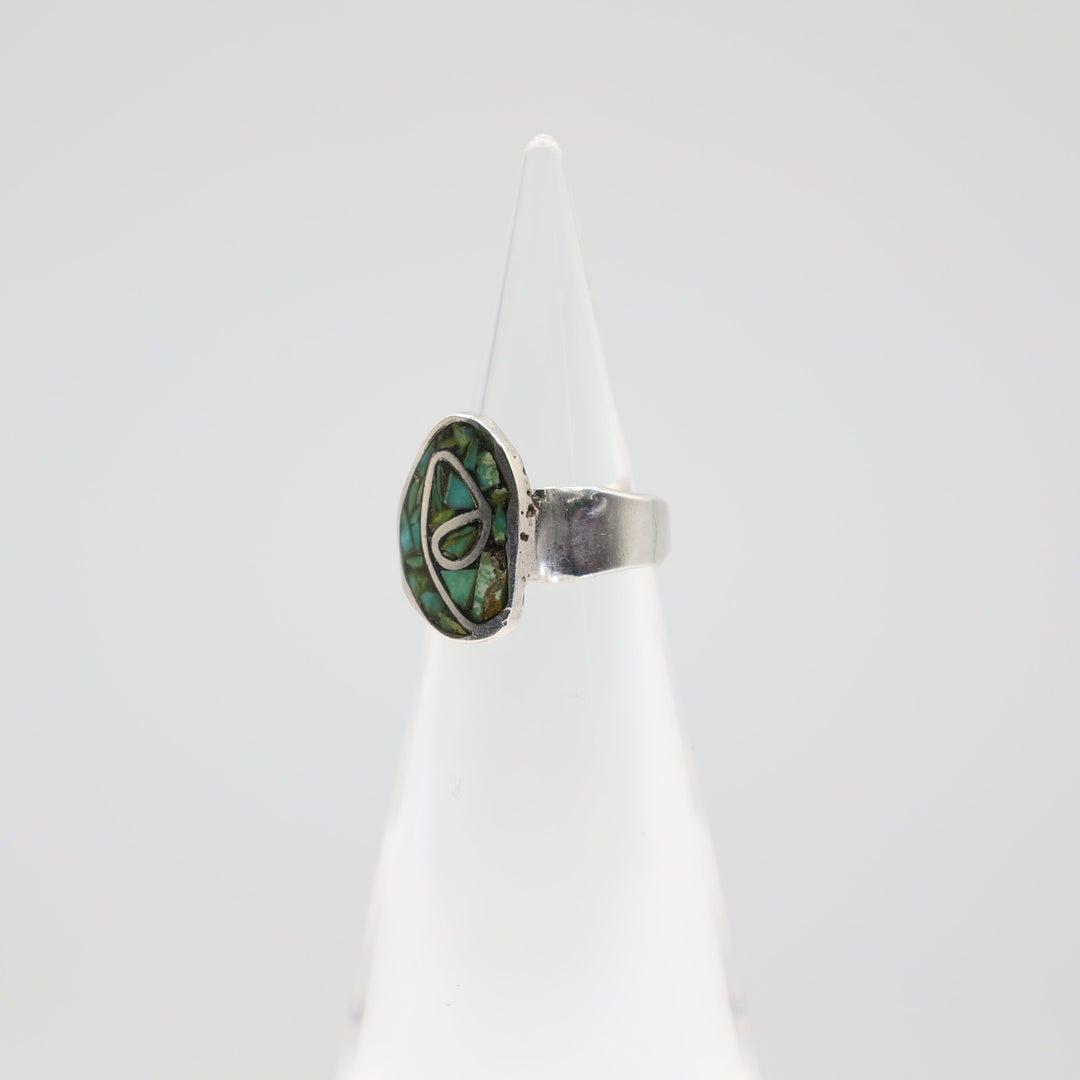 925 Sterling Silver Turquoise Inlay with Hummingbird Design-Size 4.5