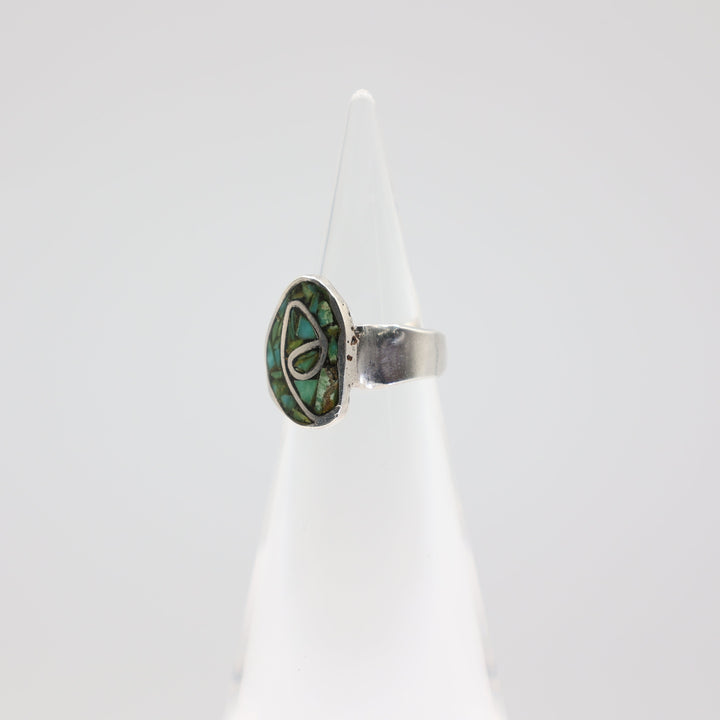 925 Sterling Silver Turquoise Inlay with Hummingbird Design-Size 4.5