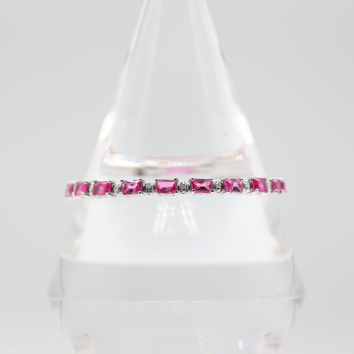 925 Silver Pink Sapphire Crystals and White Diamonds Tennis Bracelet 7.5 in.