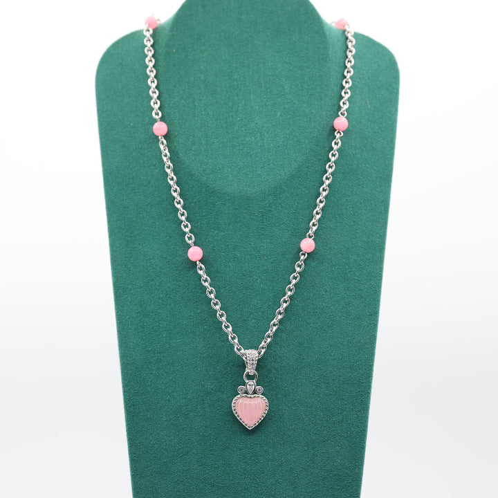 Judith Ripka 925 Sterling Silver Pink Jadeite CZ Heart Enhancer Bead Necklace