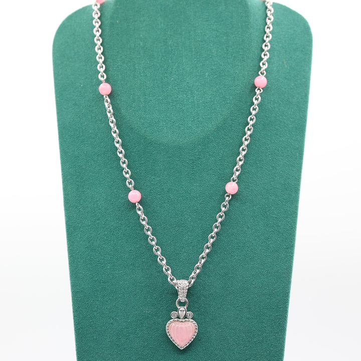Judith Ripka 925 Sterling Silver Pink Jadeite CZ Heart Enhancer Bead Necklace
