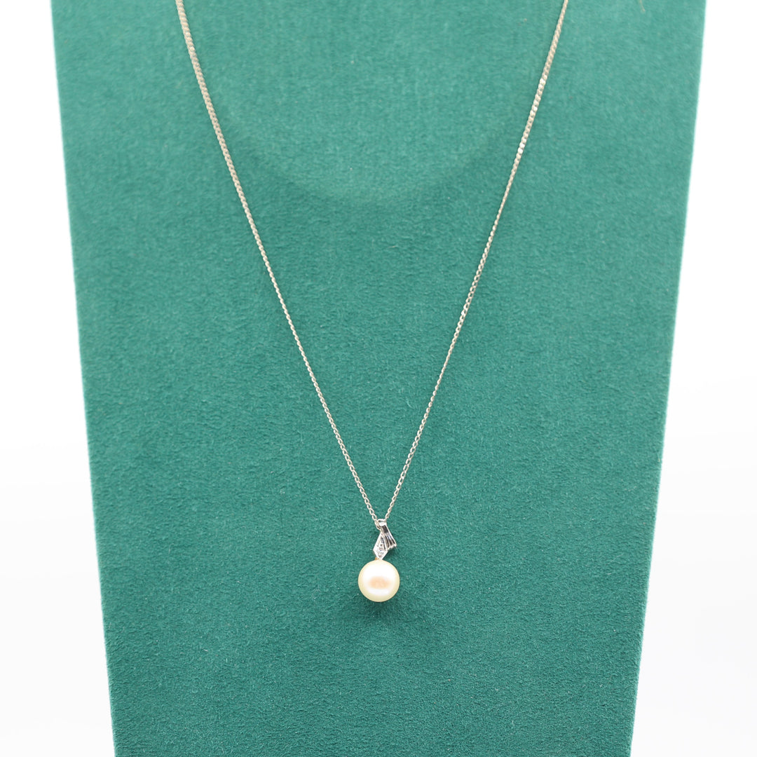 14k White Gold Pearl & Diamond accent Drop Pendant Necklace