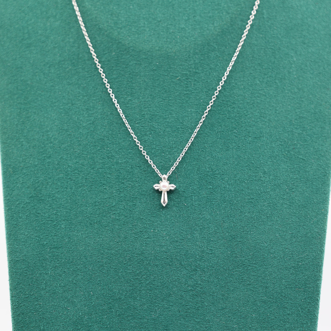 925 Sterling Silver Gabriel & Co White Pearl Cross 16" Chain Necklace