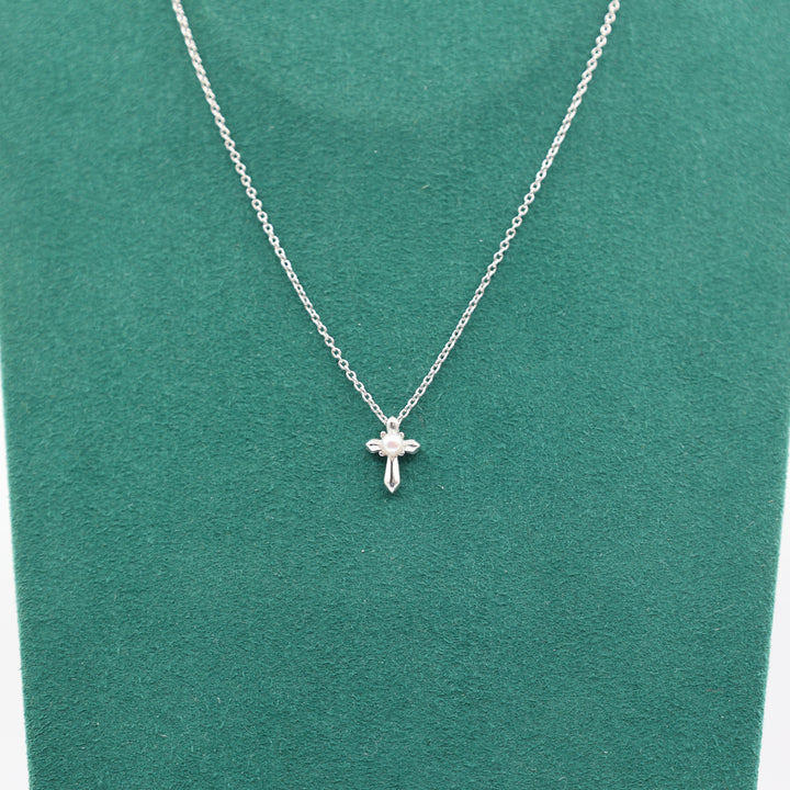 925 Sterling Silver Gabriel & Co White Pearl Cross 16" Chain Necklace