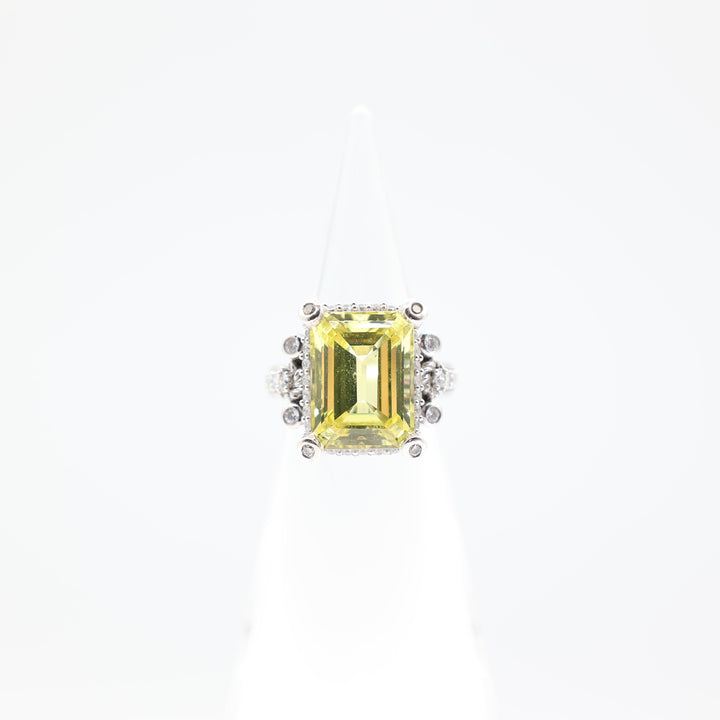 925 Sterling Silver Emerald Cut Judith Ripka Yellow Topaz and Cubic Zirconia Ring - Size 8