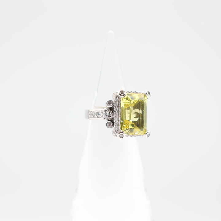 925 Sterling Silver Emerald Cut Judith Ripka Yellow Topaz and Cubic Zirconia Ring - Size 8