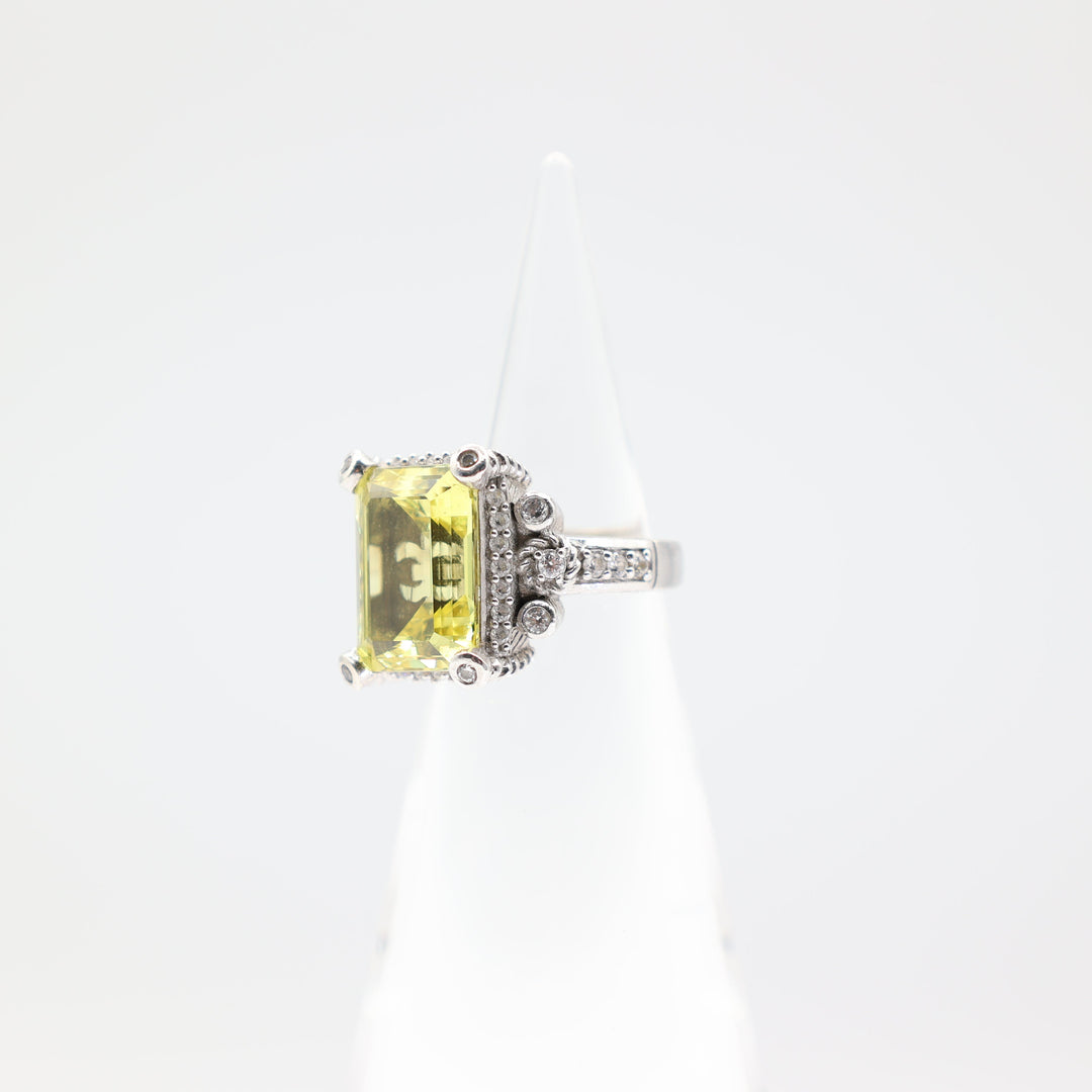 925 Sterling Silver Emerald Cut Judith Ripka Yellow Topaz and Cubic Zirconia Ring - Size 8