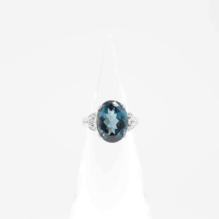 925 Sterling Silver Blue Topaz & White Spinel Ring Size- 7